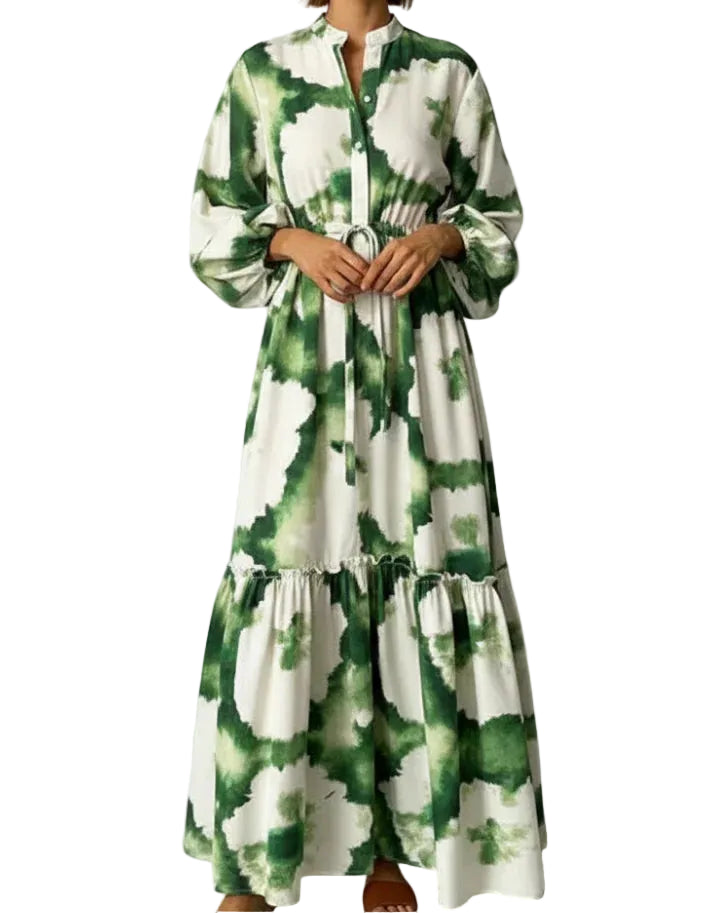 Robe longue pour femme avec col en V, manches longues et lien à la taille-Maxi Dress-Gigié