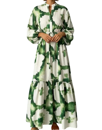 Robe longue pour femme avec col en V, manches longues et lien à la taille-Maxi Dress-Gigié