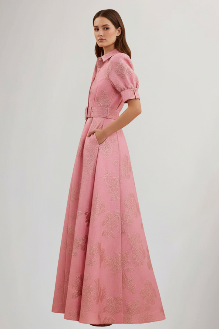 Robe longue pour femme avec patte de boutonnage, manches courtes et ceinture à la taille-Maxi Dress-Gigié