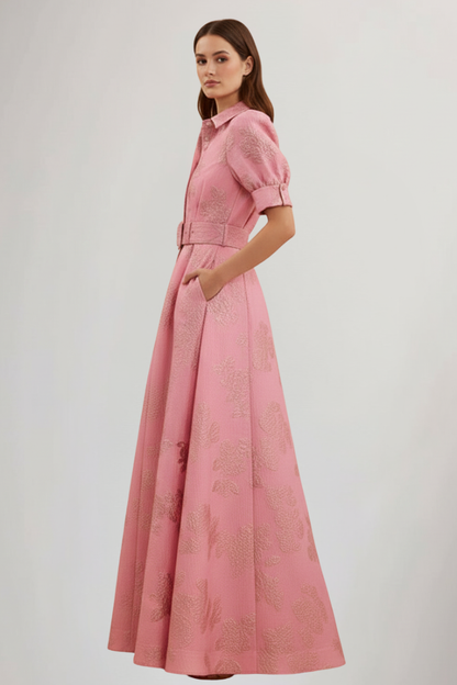 Robe longue pour femme avec patte de boutonnage, manches courtes et ceinture à la taille-Maxi Dress-Gigié