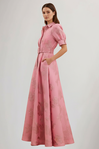 Robe longue pour femme avec patte de boutonnage, manches courtes et ceinture à la taille-Maxi Dress-Gigié
