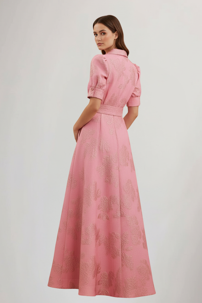 Robe longue pour femme avec patte de boutonnage, manches courtes et ceinture à la taille-Maxi Dress-Gigié