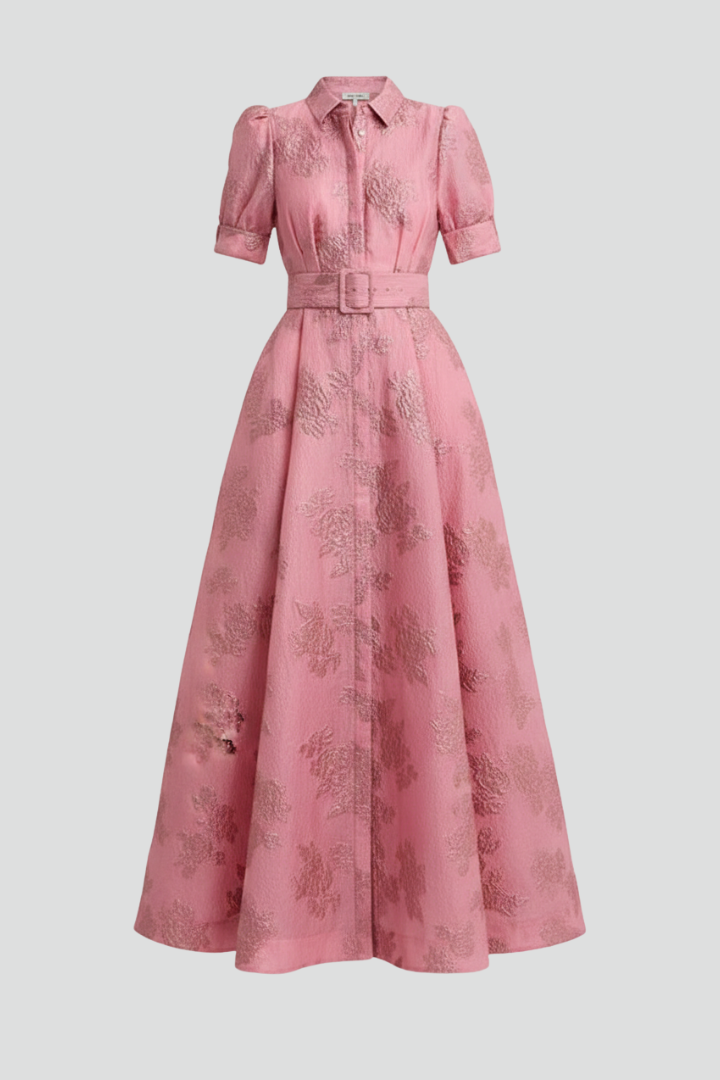 Robe longue pour femme avec patte de boutonnage, manches courtes et ceinture à la taille-Maxi Dress-Gigié