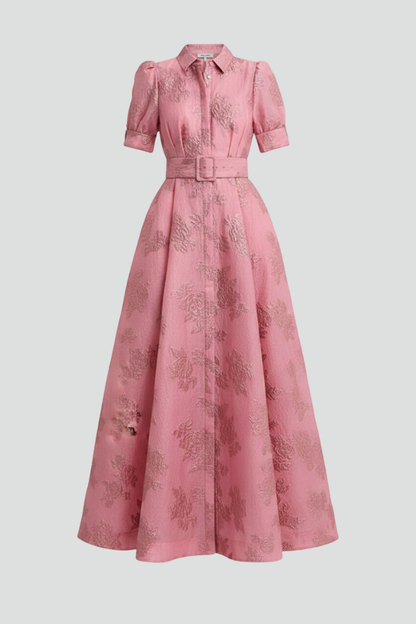 Robe longue pour femme avec patte de boutonnage, manches courtes et ceinture à la taille-Maxi Dress-Gigié