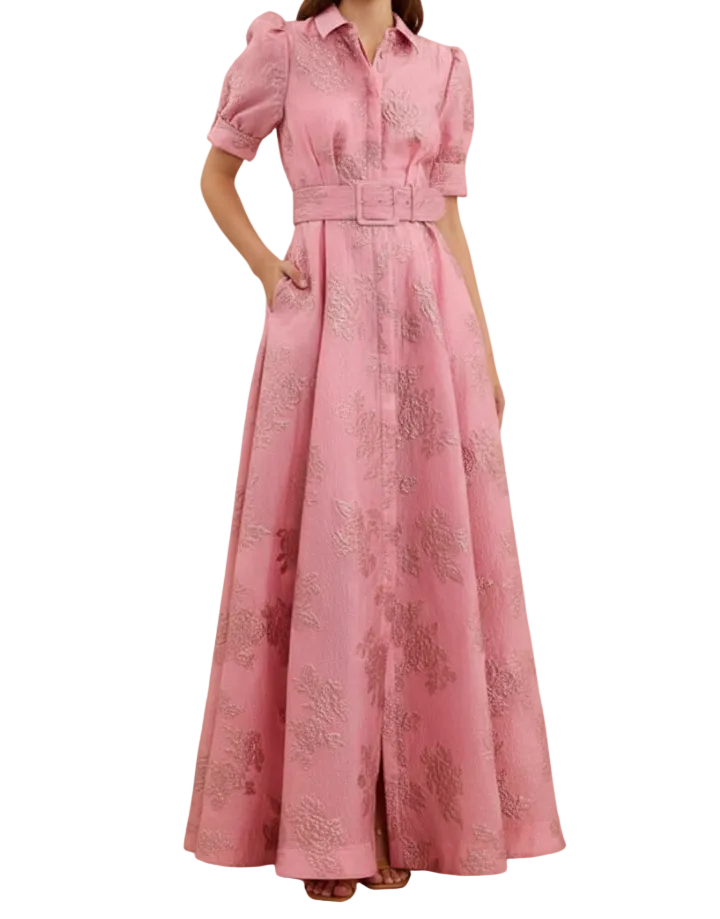 Robe longue pour femme avec patte de boutonnage, manches courtes et ceinture à la taille-Maxi Dress-Gigié
