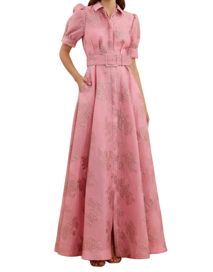 Robe longue pour femme avec patte de boutonnage, manches courtes et ceinture à la taille-Maxi Dress-Gigié
