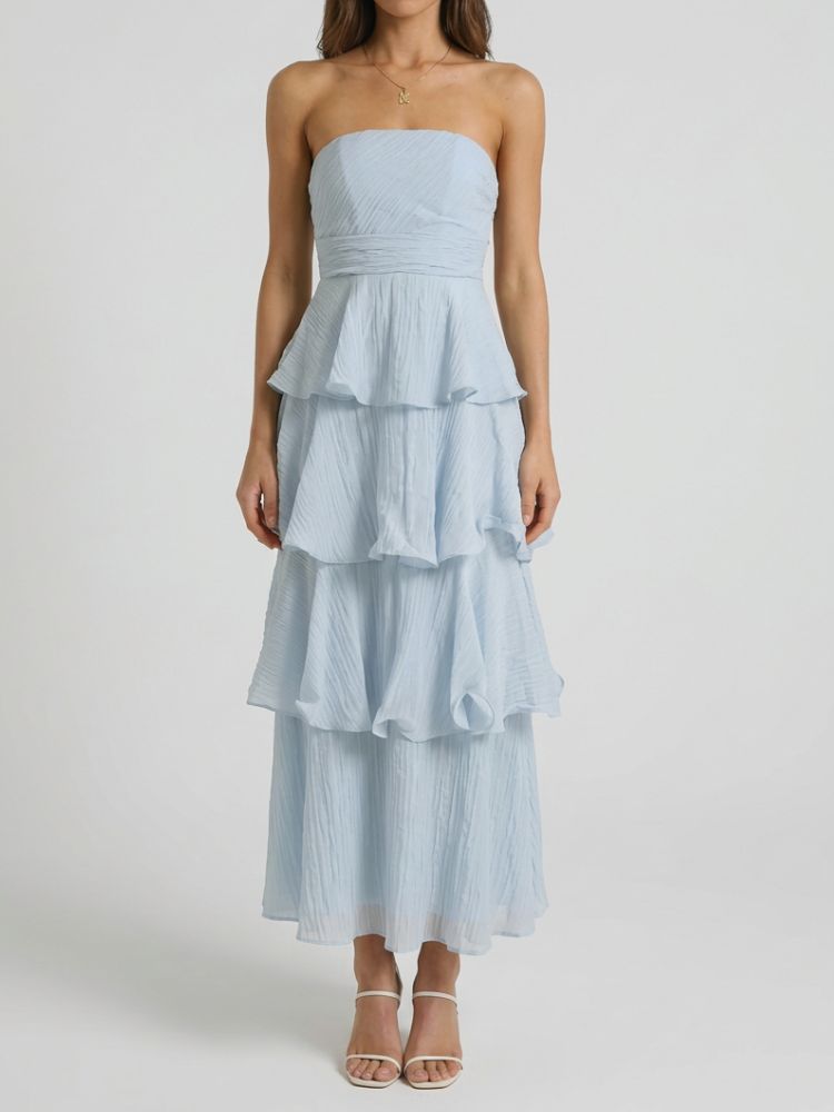 Robe longue sans bretelles avec jupe à étages et panneaux à volants-Maxi Dress-Gigié
