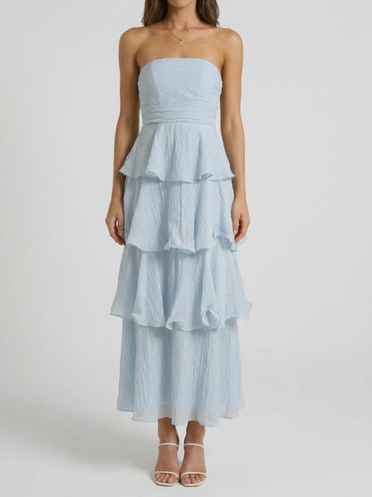 Robe longue sans bretelles avec jupe à étages et panneaux à volants-Maxi Dress-Gigié