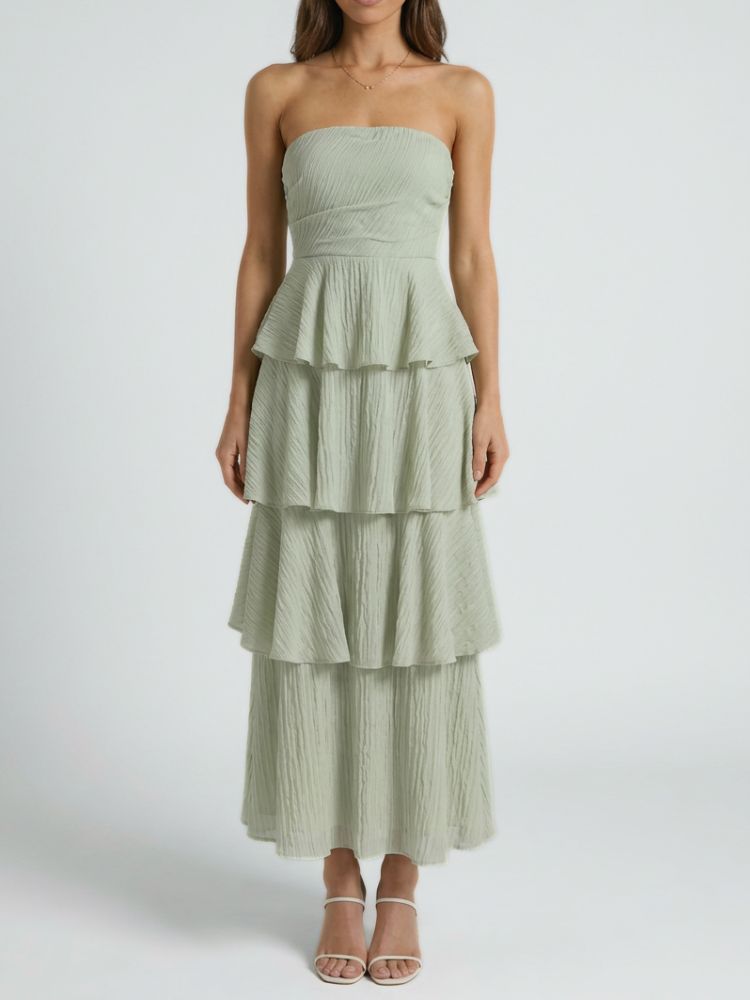 Robe longue sans bretelles avec jupe à étages et panneaux à volants-Maxi Dress-Gigié