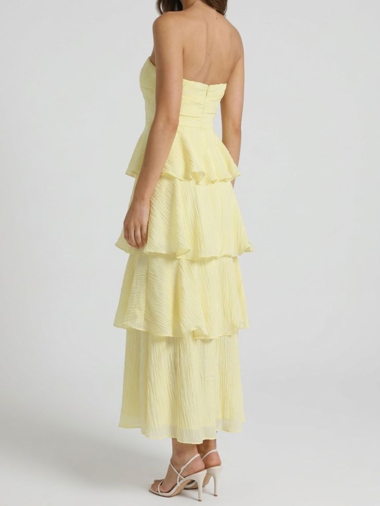 Robe longue sans bretelles avec jupe à étages et panneaux à volants-Maxi Dress-Gigié