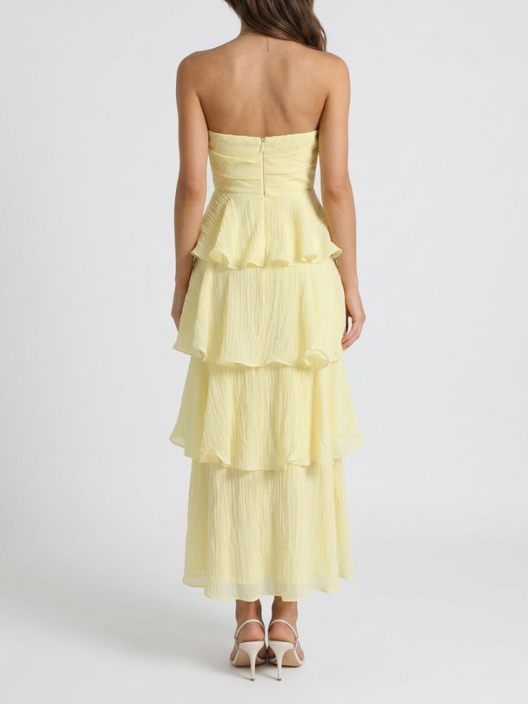 Robe longue sans bretelles avec jupe à étages et panneaux à volants-Maxi Dress-Gigié