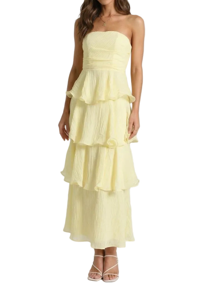 Robe longue sans bretelles avec jupe à étages et panneaux à volants-Maxi Dress-Gigié