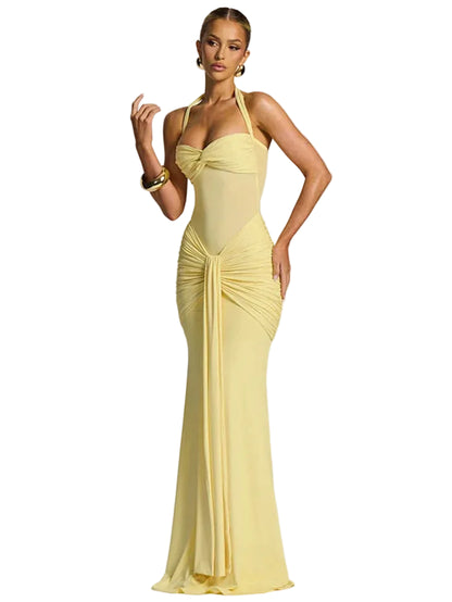Robe Maxi à Col Halter avec Empiècement Transparent et Jupe Drapée pour femme-Maxi Dress-Gigié
