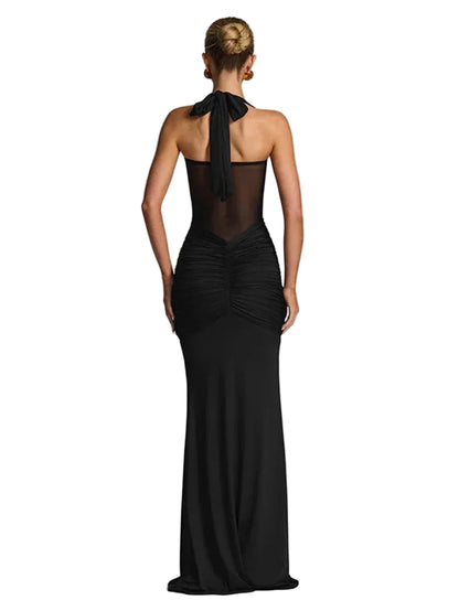 Robe Maxi à Col Halter avec Empiècement Transparent et Jupe Drapée pour femme-Maxi Dress-Gigié