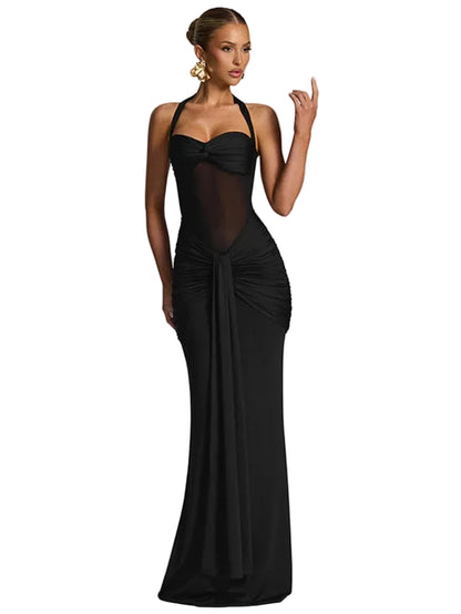 Robe Maxi à Col Halter avec Empiècement Transparent et Jupe Drapée pour femme-Maxi Dress-Gigié