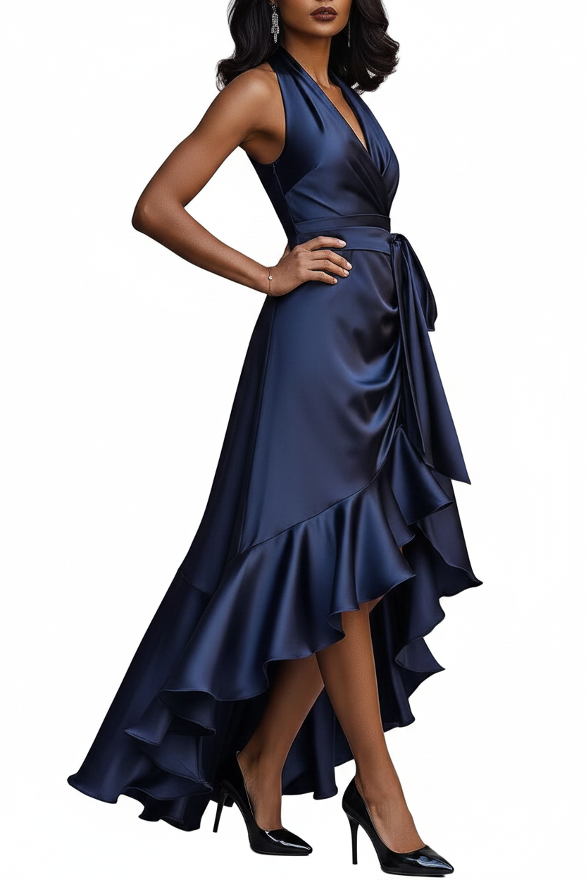 Robe Maxi à Col Halter avec Taille Drapée et Ourlet Asymétrique-Maxi Dress-Gigié