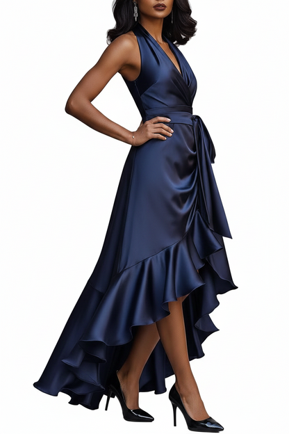 Robe Maxi à Col Halter avec Taille Drapée et Ourlet Asymétrique-Maxi Dress-Gigié