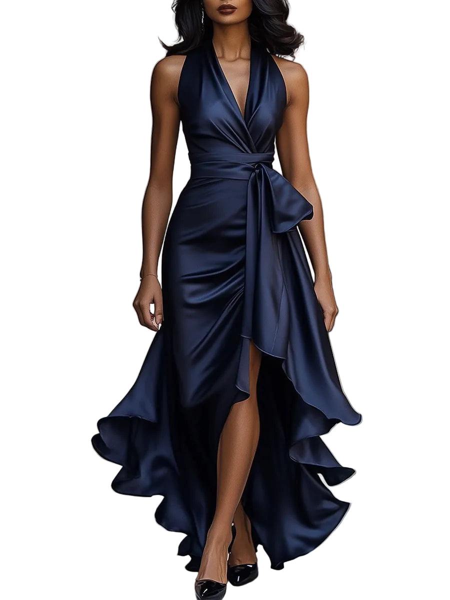 Robe Maxi à Col Halter avec Taille Drapée et Ourlet Asymétrique-Maxi Dress-Gigié
