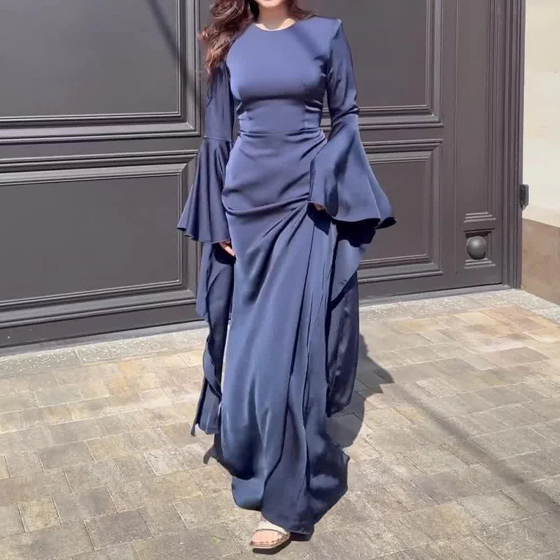 Robe Maxi à Manches Longues avec Poignets Évasés et Panneaux Drapés-Maxi Dress-Gigié