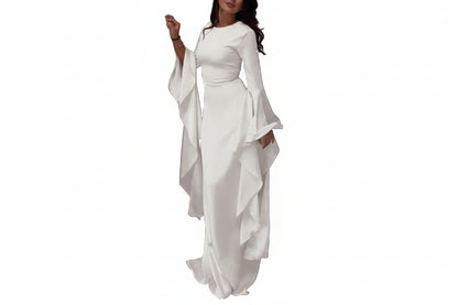 Robe Maxi à Manches Longues avec Poignets Évasés et Panneaux Drapés-Maxi Dress-Gigié