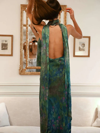 Robe Maxi Femme à Col Halter avec Dos Ouvert et Motif Imprimé-Maxi Dress-Gigié