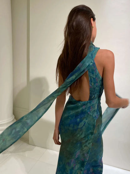 Robe Maxi Femme à Col Halter avec Dos Ouvert et Motif Imprimé-Maxi Dress-Gigié