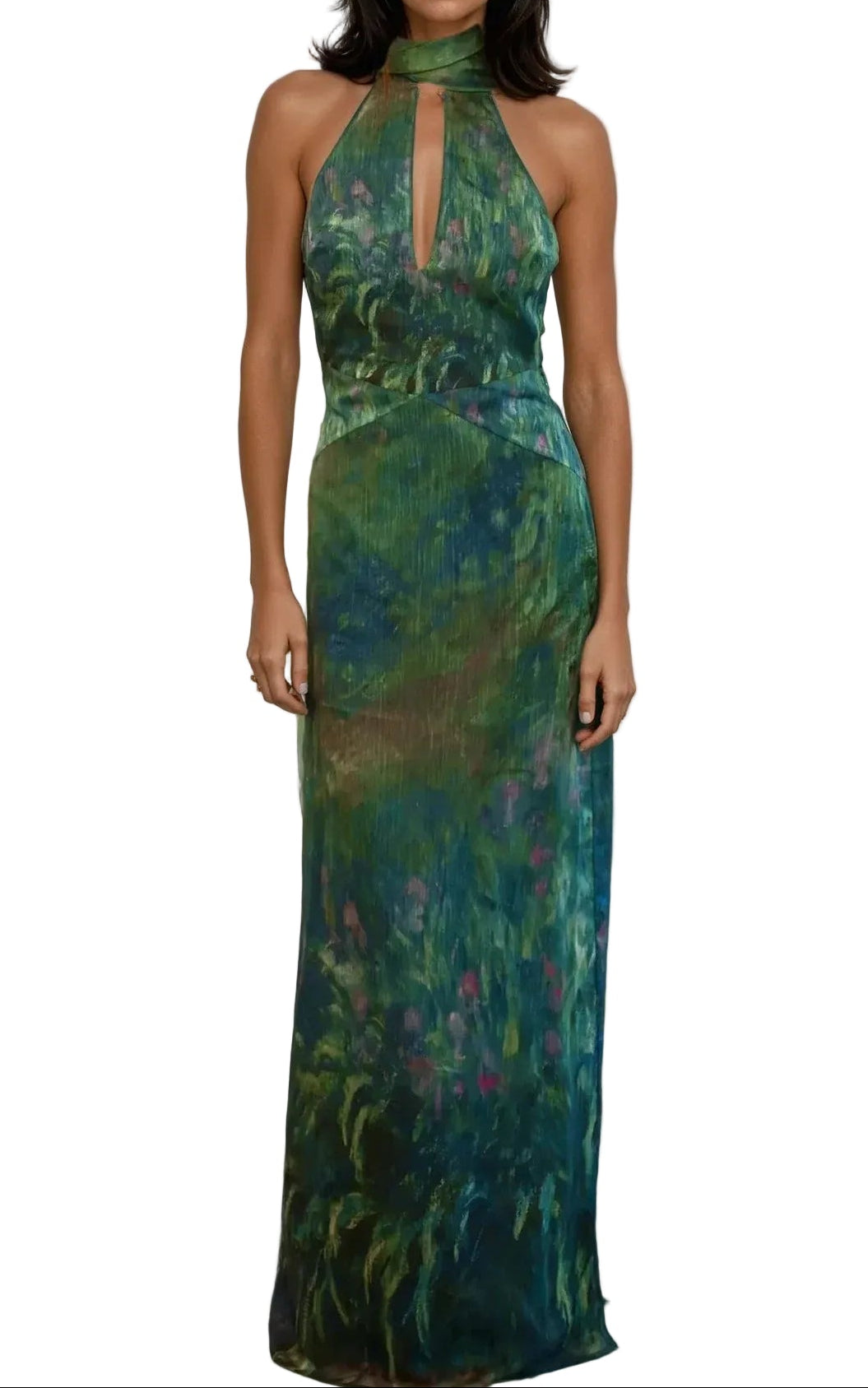 Robe Maxi Femme à Col Halter avec Dos Ouvert et Motif Imprimé-Maxi Dress-Gigié