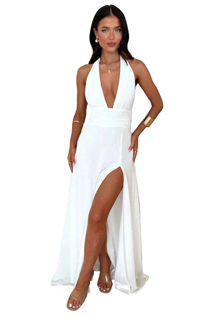 Robe Maxi femme à Col Halter avec Fente Haute-Maxi Dress-Gigié