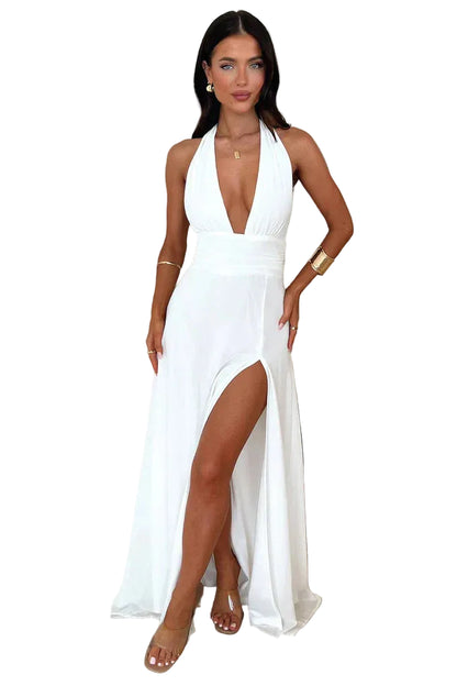 Robe Maxi femme à Col Halter avec Fente Haute-Maxi Dress-Gigié