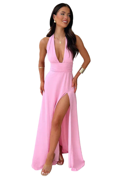 Robe Maxi femme à Col Halter avec Fente Haute-Maxi Dress-Gigié