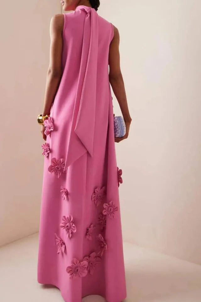 Robe Maxi Femme à Col Montant avec Appliqués Floraux-Maxi Dress-Gigié