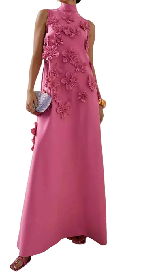 Robe Maxi Femme à Col Montant avec Appliqués Floraux-Maxi Dress-Gigié