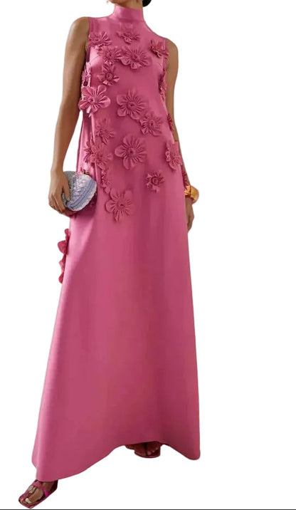 Robe Maxi Femme à Col Montant avec Appliqués Floraux-Maxi Dress-Gigié