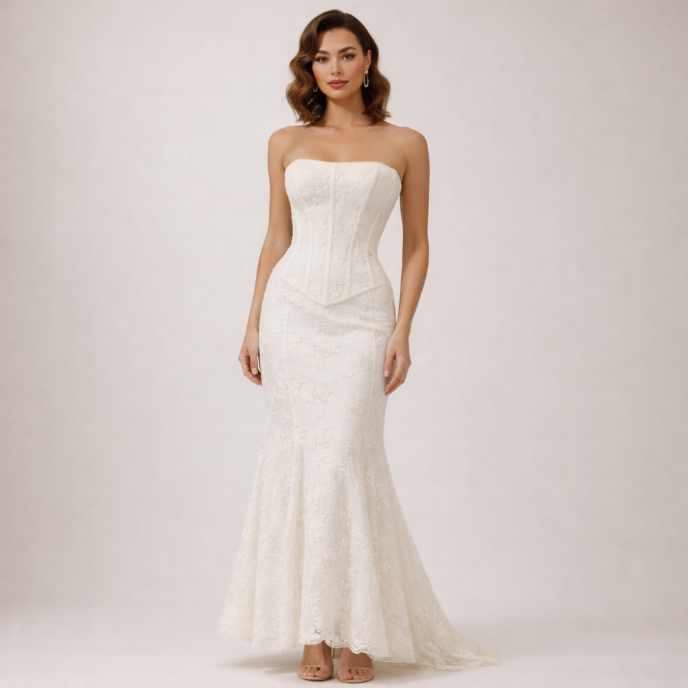 Robe maxi femme sans bretelles avec buste structuré et ourlet évasé-Maxi Dress-Gigié