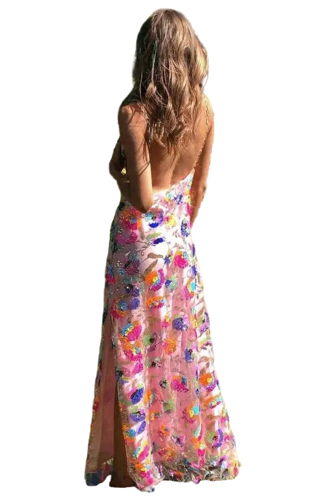 Robe Maxi Fleurie pour Femme à Dos Nu et Fente Latérale-Maxi Dress-Gigié