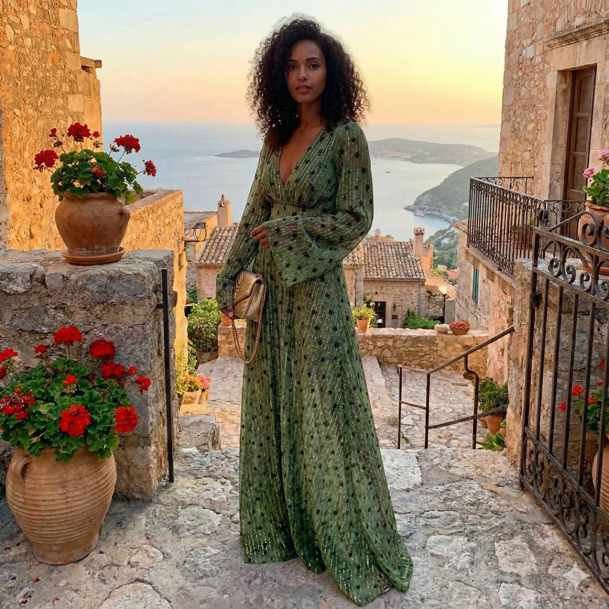 Robe maxi pour femme à manches longues avec encolure en V-Maxi Dress-Gigié