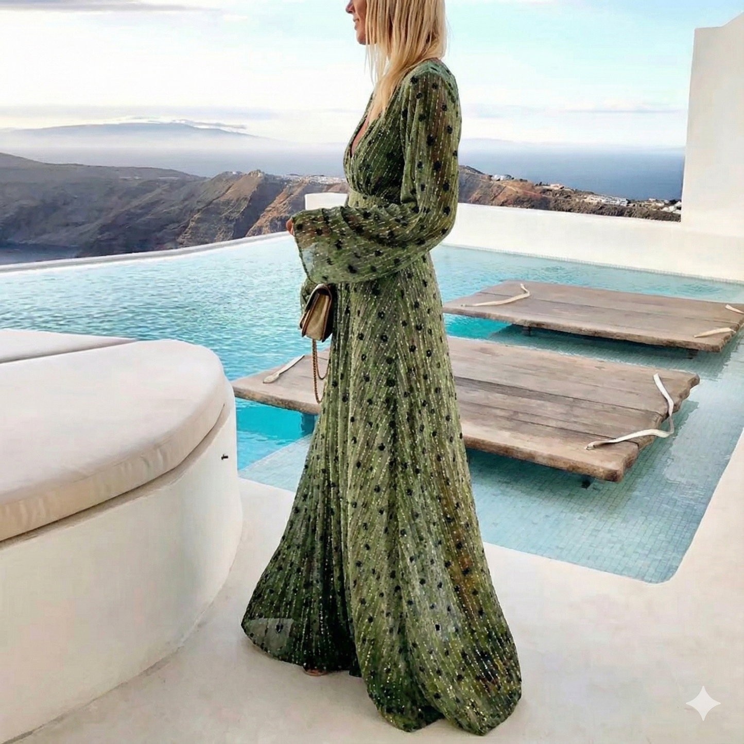 Robe maxi pour femme à manches longues avec encolure en V-Maxi Dress-Gigié
