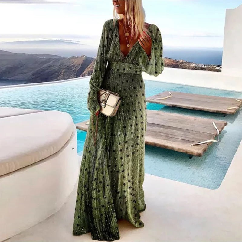 Robe maxi pour femme à manches longues avec encolure en V-Maxi Dress-Gigié