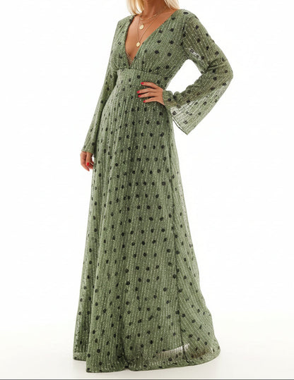 Robe maxi pour femme à manches longues avec encolure en V-Maxi Dress-Gigié
