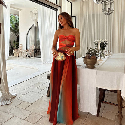 Robe maxi pour femme avec haut sans bretelles et dégradé de couleurs-Maxi Dress-Gigié