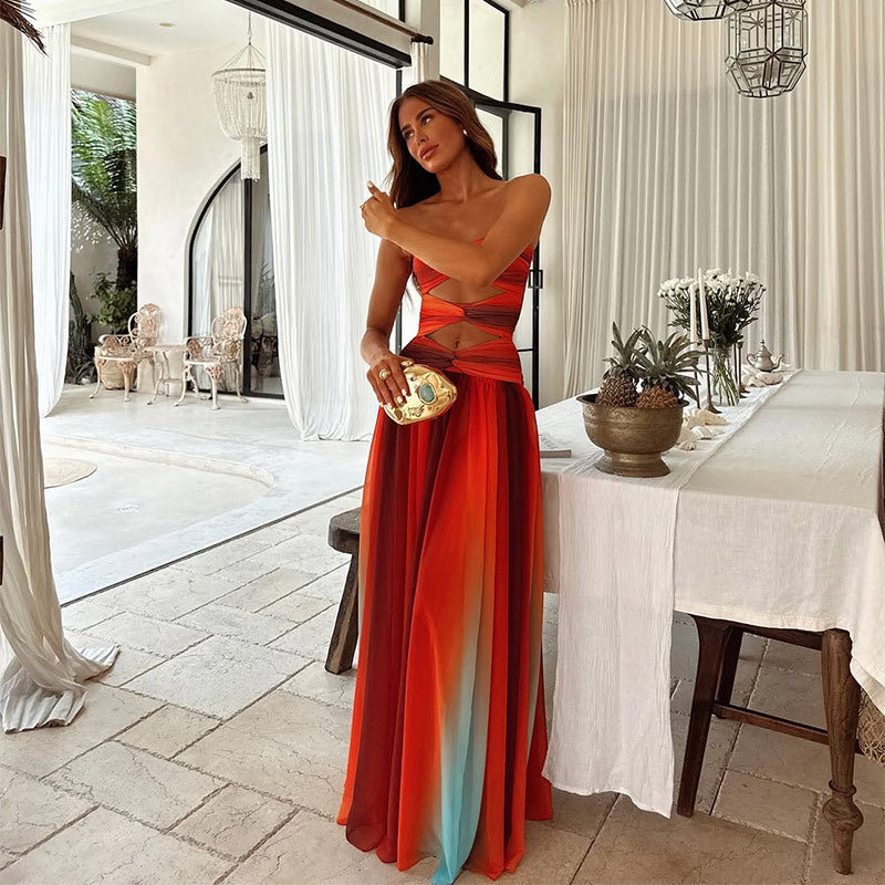 Robe maxi pour femme avec haut sans bretelles et dégradé de couleurs-Maxi Dress-Gigié