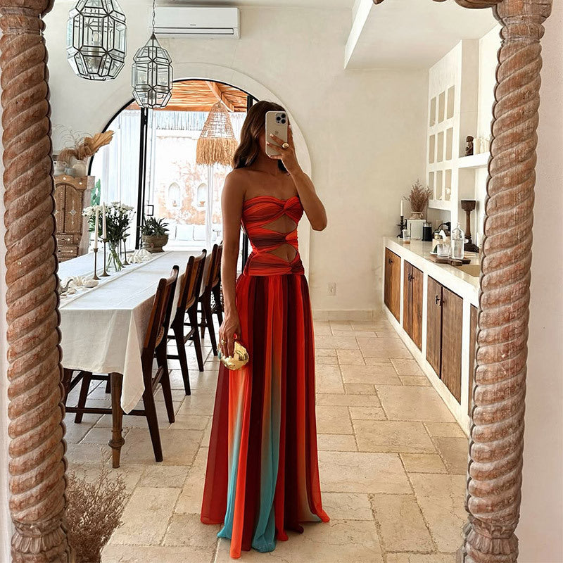 Robe maxi pour femme avec haut sans bretelles et dégradé de couleurs-Maxi Dress-Gigié