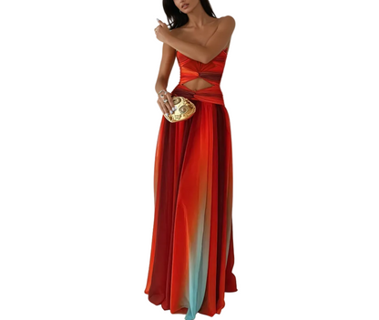 Robe maxi pour femme avec haut sans bretelles et dégradé de couleurs-Maxi Dress-Gigié