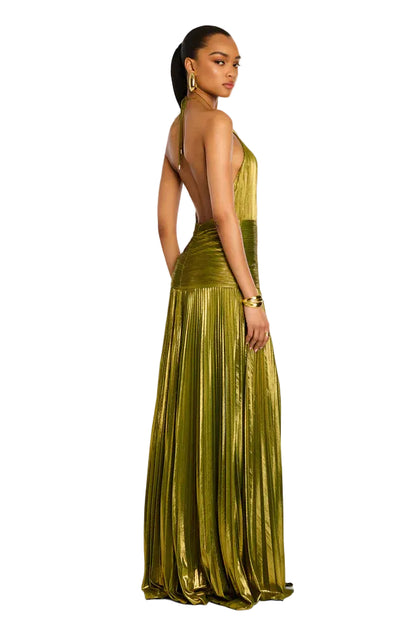 Robe maxi pour femmes à col licou avec plis et fente-Maxi Dress-Gigié