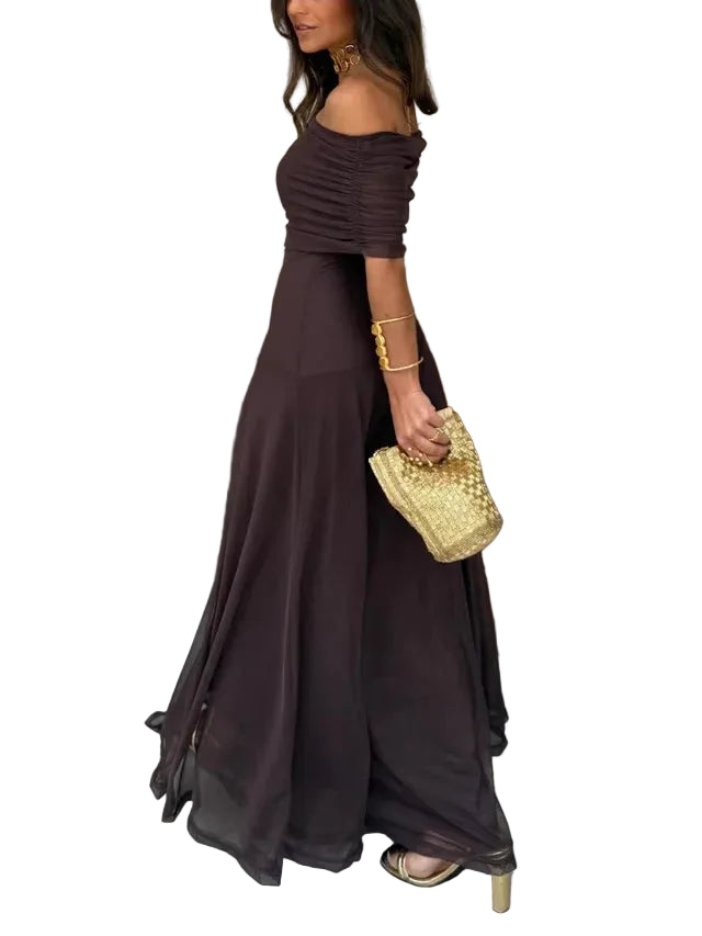 Robe maxi pour femmes à épaules dénudées avec corsage froncé-Maxi Dress-Gigié