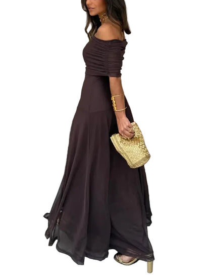 Robe maxi pour femmes à épaules dénudées avec corsage froncé-Maxi Dress-Gigié