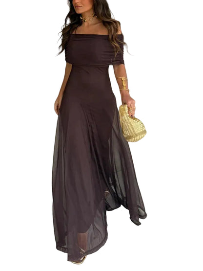 Robe maxi pour femmes à épaules dénudées avec corsage froncé-Maxi Dress-Gigié