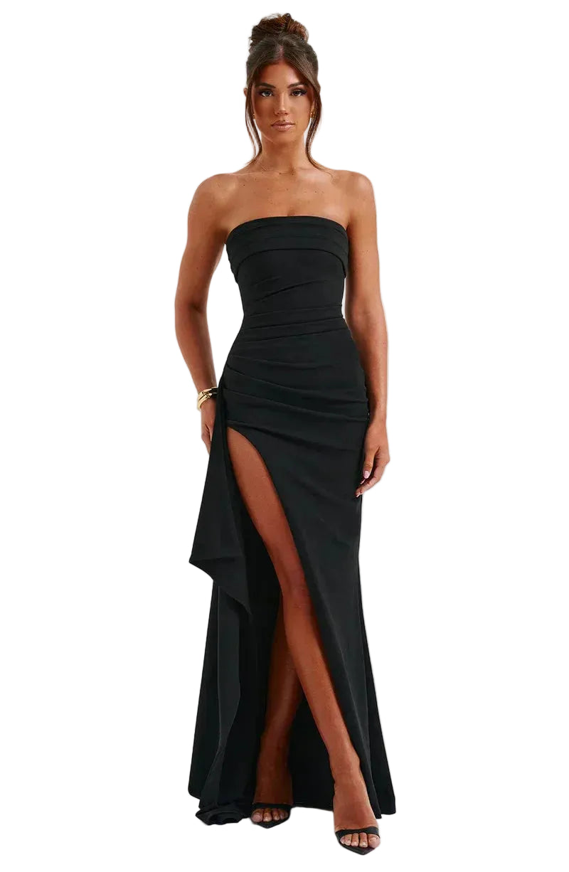 Robe Maxi Sans Bretelles à Ourlet Asymétrique et Fente Latérale pour femme-Maxi Dress-Gigié