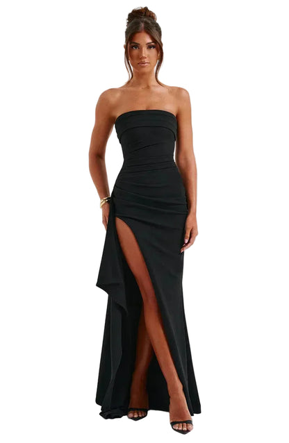 Robe Maxi Sans Bretelles à Ourlet Asymétrique et Fente Latérale pour femme-Maxi Dress-Gigié