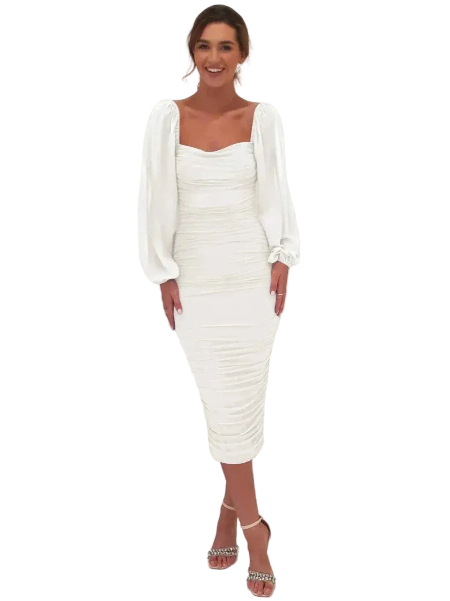 Robe midi à encolure carrée et manches longues ballon pour femme-Midi Dress-Gigié